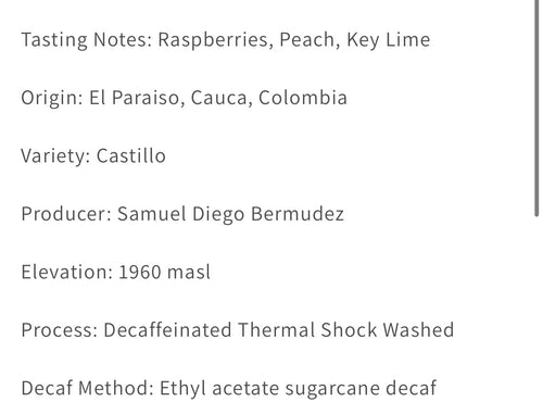 PRE-ORDER 4oz (114g) Castillo
Thermal Shock Decaf
Finca El Paraiso